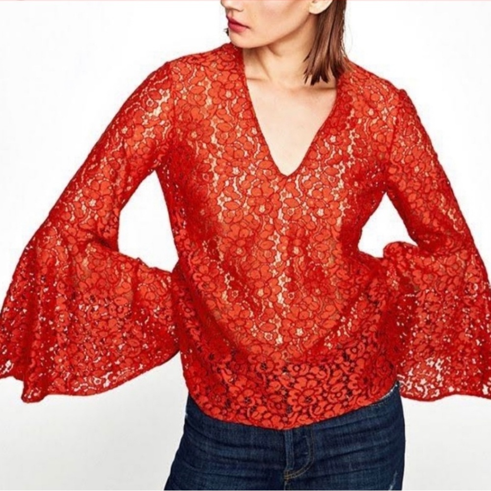 Zara Lace Burnt Orange Bell Sleeve top